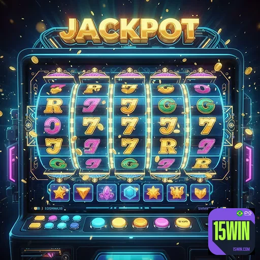 Imagem de uma máquina caça-níqueis no site 15win, destaque para o tema de slots e jogos de azar online.